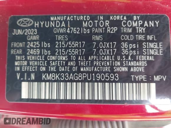 2023 Hyundai Kona SEL z VIN KM8K33AG8PU190593, wystawiony jako IAAI lot #43593572 z przebiegiem Nie podano mil oraz . Historia ofert i sprzedaży dostępna na DreamBid. Obrazek 8.