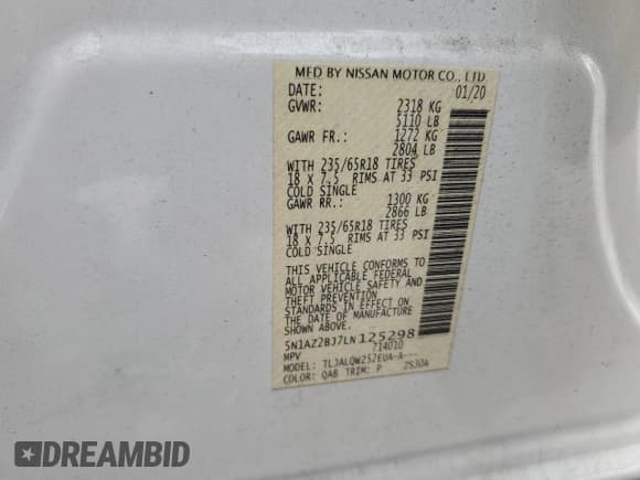 ✅ 2020 Nissan Murano SV • VIN: 5N1AZ2BJ7LN125298 • Lot: 89649485. Wystawiony na Copart z przebiegiem 37 412 mil. Bezpłatny archiwum sprzedaży aukcyjnych z USA i szczegółowy raport historii pojazdu na DreamBid. Zdjęcie 12.