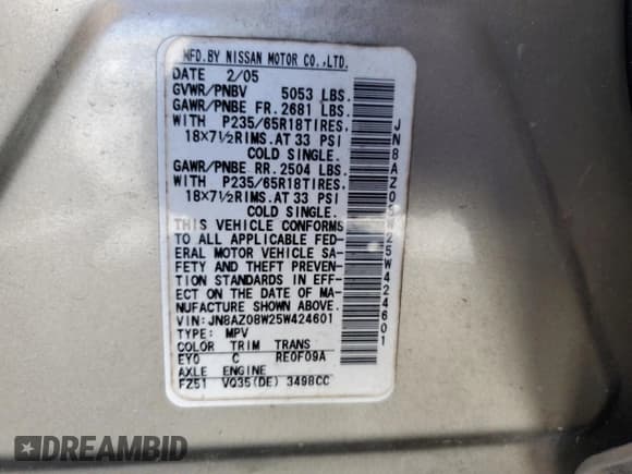 ✅ 2005 Nissan Murano S • VIN: JN8AZ08W25W424601 • Lot: 66219905. Wystawiony na Copart z przebiegiem 159 185 mil. Bezpłatny archiwum sprzedaży aukcyjnych z USA i szczegółowy raport historii pojazdu na DreamBid. Zdjęcie 13.