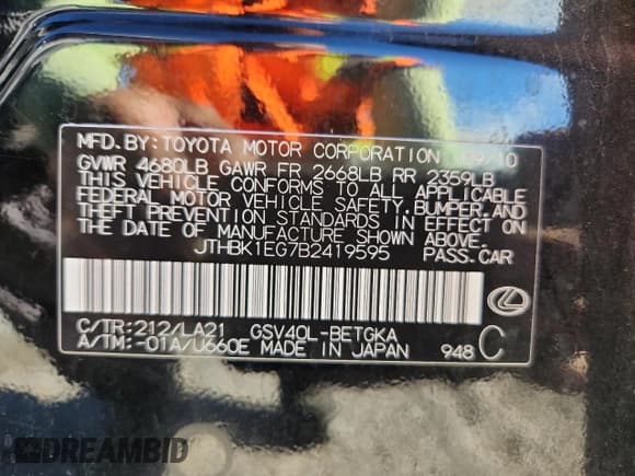 ✅ 2011 Lexus ES 330 • VIN: JTHBK1EG7B2419595 • Lot: 93321635. Listed on Copart with 224,936 mi. Free auction sales archive from the USA and detailed vehicle history report at DreamBid. Image 12.