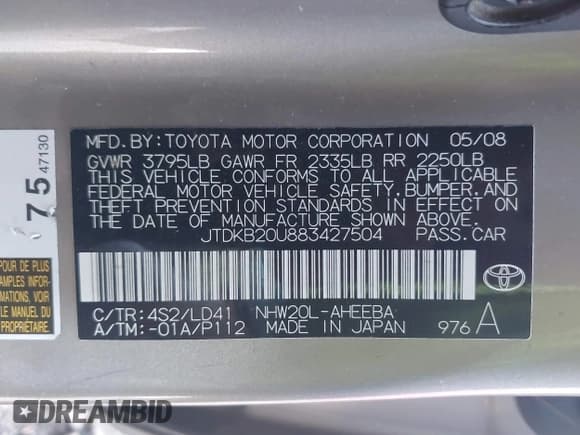 ✅ 2008 Toyota Prius • VIN: JTDKB20U883427504 • Lot: 43633699. Listed on IAAI with 270,627 mi. Free auction sales archive from the USA and detailed vehicle history report at DreamBid. Image 9.