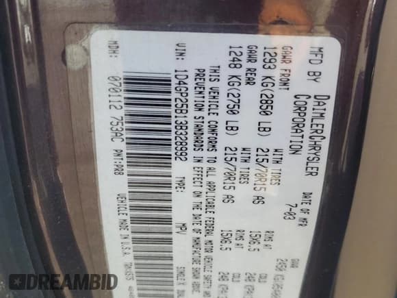 ✅ 2003 Dodge Caravan SE • VIN: 1D4GP25B13B328992 • Лот: 82669415. Опубликован ранее на Copart с пробегом 315 097 миль. Бесплатный доступ к архиву аукционных продаж из США и подробный отчёт об истории автомобиля на DreamBid. Изображение 13.