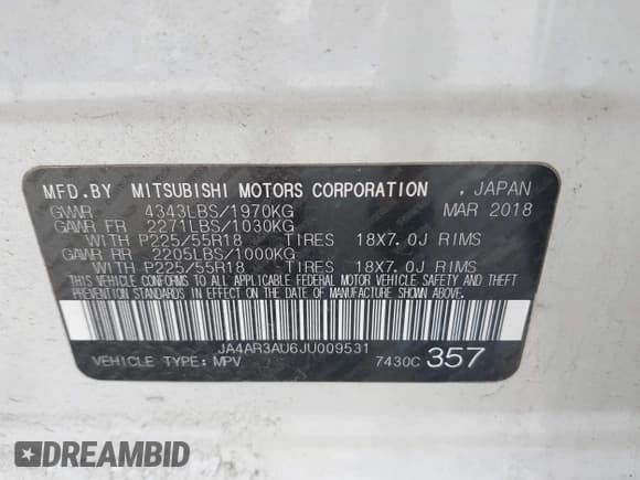 ✅ 2018 Mitsubishi Outlander ES • VIN: JA4AR3AU6JU009531 • Lot: 42760097. Listed on IAAI with 91,202 mi. Free auction sales archive from the USA and detailed vehicle history report at DreamBid. Image 9.