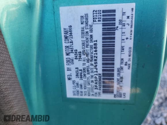 ✅ 1995 Ford Escort • VIN: 3FASP11J4SR216881 • Lot: 82966474. Listed on Copart with 172,397 mi. Free auction sales archive from the USA and detailed vehicle history report at DreamBid. Image 12.