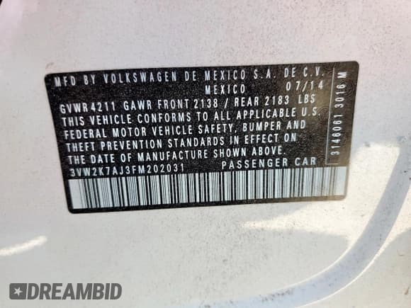 ✅ 2015 Volkswagen Jetta S • VIN: 3VW2K7AJ3FM202031 • Лот: 82497745. Опубликован ранее на Copart с пробегом 124 691 миль. Бесплатный доступ к архиву аукционных продаж из США и подробный отчёт об истории автомобиля на DreamBid. Изображение 12.