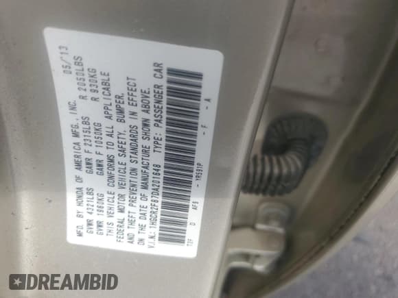 ✅ 2013 Honda Accord EX-L • VIN: 1HGCR2F87DA201648 • Lot: 85710765. Listed on Copart with 83,839 mi. Free auction sales archive from the USA and detailed vehicle history report at DreamBid. Image 12.