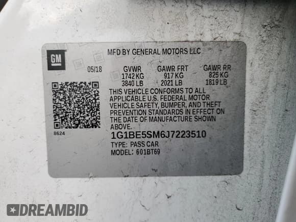 ✅ 2018 Chevrolet Cruze LT • VIN: 1G1BE5SM6J7223510 • Lot: 72013222. Listed on Copart with 43,181 mi. Free auction sales archive from the USA and detailed vehicle history report at DreamBid. Image 12.