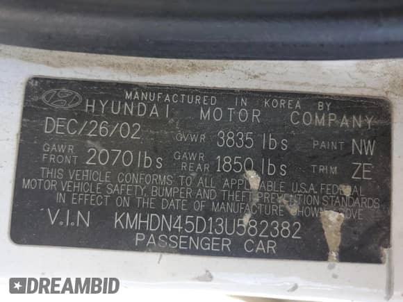 2003 Hyundai Elantra GLS с VIN KMHDN45D13U582382, выставлен на аукционе Copart как лот 61249684 с пробегом Не указан миль и Списание • Salvage title. История ставок и продаж доступна на DreamBid. Изображение 12.