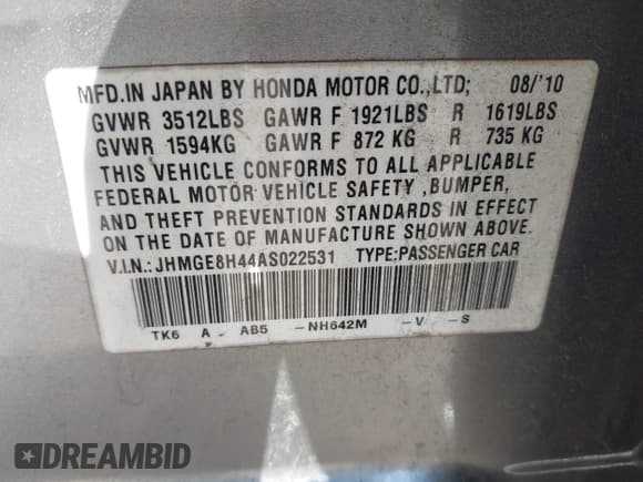 ✅ 2010 Honda Fit Sport • VIN: JHMGE8H44AS022531 • Lot: 42364418. Listed on IAAI with 274,795 mi. Free auction sales archive from the USA and detailed vehicle history report at DreamBid. Image 9.