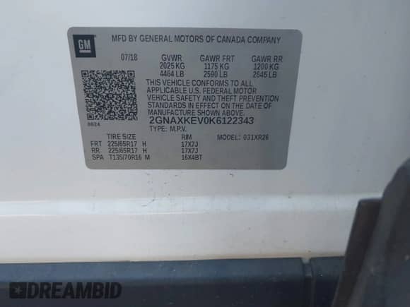 2019 Chevrolet Equinox LT z VIN 2GNAXKEV0K6122343, wystawiony jako IAAI lot #43052372 z przebiegiem 164 219 mil mil oraz . Historia ofert i sprzedaży dostępna na DreamBid. Obrazek 9.