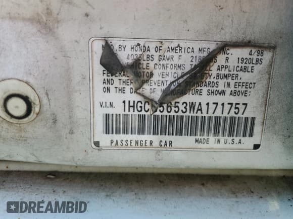 ✅ 1998 Honda Accord EX • VIN: 1HGCG5653WA171757 • Лот: 81785885. Опубликован ранее на Copart с пробегом 234 488 миль. Бесплатный доступ к архиву аукционных продаж из США и подробный отчёт об истории автомобиля на DreamBid. Изображение 13.