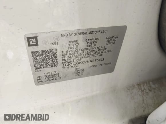 ✅ 2019 GMC Yukon XL SLT • VIN: 1GKS1GKC7KR375411 • Lot: 42397439. Wystawiony na IAAI z przebiegiem 170 444 mil. Bezpłatny archiwum sprzedaży aukcyjnych z USA i szczegółowy raport historii pojazdu na DreamBid. Zdjęcie 9.