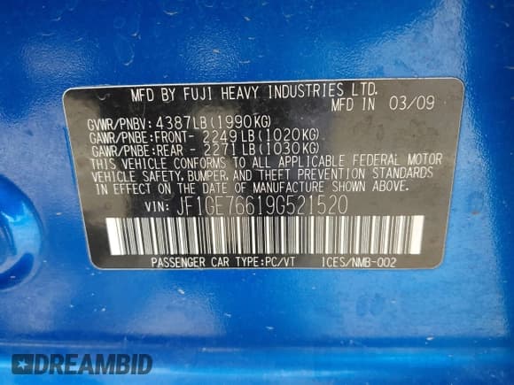 ✅ 2009 Subaru WRX w/Premium Pkg • VIN: JF1GE76619G521520 • Lot: 41577390. Listed on IAAI with 149,257 mi. Free auction sales archive from the USA and detailed vehicle history report at DreamBid. Image 9.