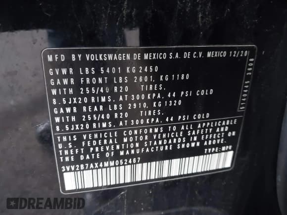 ✅ 2021 Volkswagen Tiguan SE • VIN: 3VV2B7AX4MM052467 • Lot: 43751205. Wystawiony na IAAI z przebiegiem 89 374 mil. Bezpłatny archiwum sprzedaży aukcyjnych z USA i szczegółowy raport historii pojazdu na DreamBid. Zdjęcie 9.
