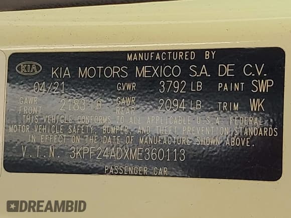 ✅ 2021 Kia Forte LXS • VIN: 3KPF24ADXME360113 • Лот: 43418029. Опубликован ранее на IAAI с пробегом 97 235 миль. Бесплатный доступ к архиву аукционных продаж из США и подробный отчёт об истории автомобиля на DreamBid. Изображение 9.