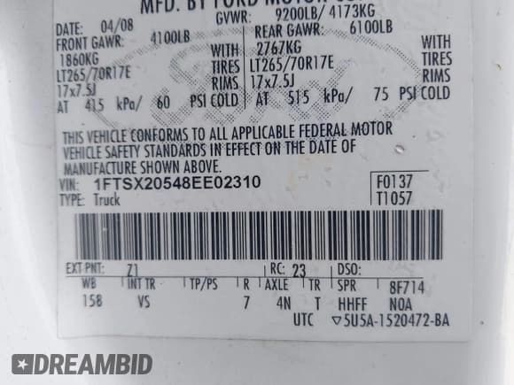 ✅ 2008 Ford F-250 XL • VIN: 1FTSX20548EE02310 • Lot: 41606764. Listed on IAAI with 251,755 mi. Free auction sales archive from the USA and detailed vehicle history report at DreamBid. Image 9.