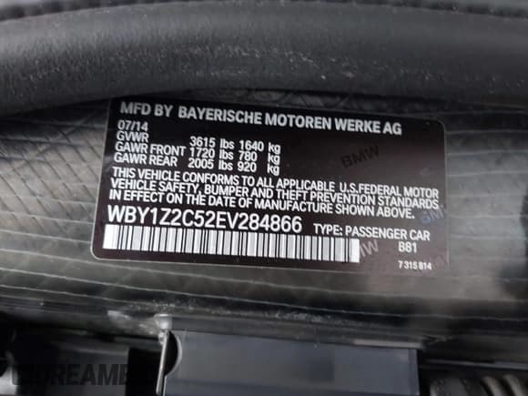 ✅ 2014 BMW i3 • VIN: WBY1Z2C52EV284866 • Lot: 43406665. Listed on IAAI with 82,650 mi. Free auction sales archive from the USA and detailed vehicle history report at DreamBid. Image 9.