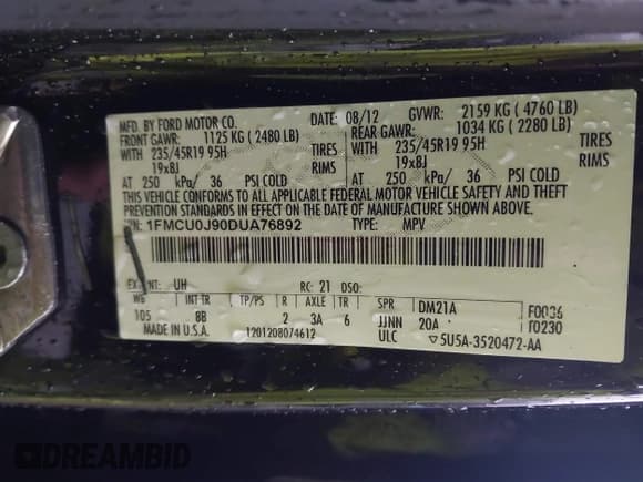 ✅ 2013 Ford Escape Titanium • VIN: 1FMCU0J90DUA76892 • Lot: 43769603. Listed on IAAI with 129,881 mi. Free auction sales archive from the USA and detailed vehicle history report at DreamBid. Image 9.