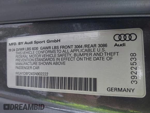 ✅ 2025 Audi RS 6 performance • VIN: WUA1DBF24SN902222 • Lot: 41726039. Listed on IAAI with 745 mi. Free auction sales archive from the USA and detailed vehicle history report at DreamBid. Image 9.