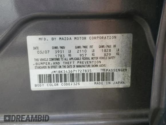 ✅ 2007 Mazda 3 S Grand Touring • VIN: JM1BK343671727835 • Lot: 67317255. Wystawiony na Copart z przebiegiem 82 246 mil. Bezpłatny archiwum sprzedaży aukcyjnych z USA i szczegółowy raport historii pojazdu na DreamBid. Zdjęcie 12.