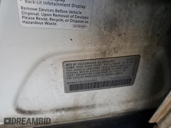 ✅ 2008 Volkswagen Passat VR6 • VIN: WVWDU73C18E042907 • Lot: 88163055. Listed on Copart with 166,202 mi. Free auction sales archive from the USA and detailed vehicle history report at DreamBid. Image 12.