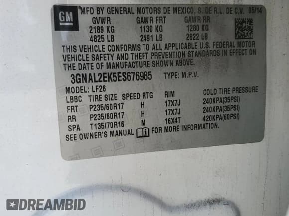 ✅ 2014 Chevrolet Captiva Sport LS • VIN: 3GNAL2EK5ES676985 • Lot: 45496255. Wystawiony na Copart z przebiegiem 154 235 mil. Bezpłatny archiwum sprzedaży aukcyjnych z USA i szczegółowy raport historii pojazdu na DreamBid. Zdjęcie 13.