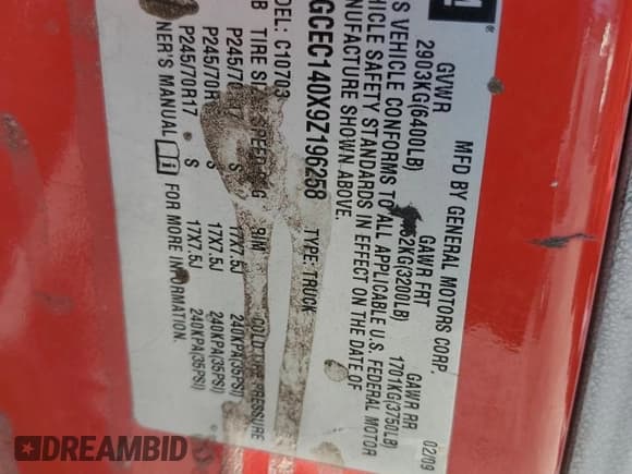 ✅ 2009 Chevrolet Silverado 1500 Work Truck • VIN: 1GCEC140X9Z196258 • Lot: 58011625. Listed on Copart with 281,120 mi. Free auction sales archive from the USA and detailed vehicle history report at DreamBid. Image 13.