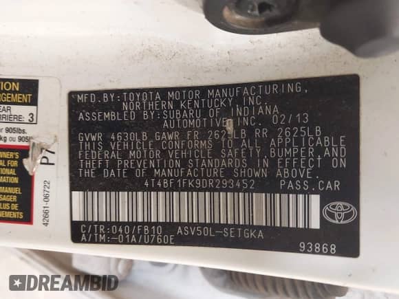 2013 Toyota Camry L with VIN 4T4BF1FK9DR293452, listed as a IAAI auction lot 42876325 with 225,034 mi miles and . Bid and sale history available at DreamBid. Image 9.