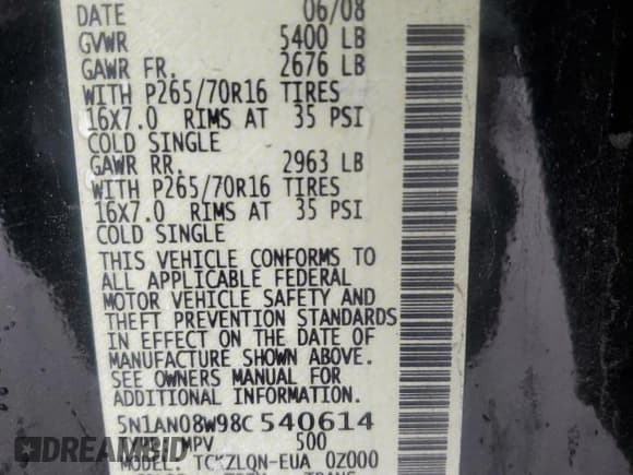 ✅ 2008 Nissan Xterra X • VIN: 5N1AN08W98C540614 • Lot: 93586815. Listed on Copart with 183,397 mi. Free auction sales archive from the USA and detailed vehicle history report at DreamBid. Image 13.