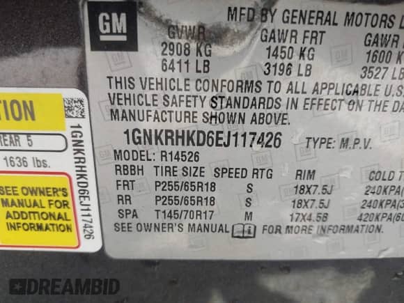 2014 Chevrolet Traverse LT with VIN 1GNKRHKD6EJ117426, listed as a IAAI auction lot 43116597 with 160,355 mi miles and . Bid and sale history available at DreamBid. Image 9.