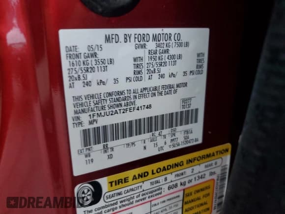 ✅ 2015 Ford Expedition Limited • VIN: 1FMJU2AT2FEF41748 • Lot: 82128915. Wystawiony na Copart z przebiegiem 153 162 mil. Bezpłatny archiwum sprzedaży aukcyjnych z USA i szczegółowy raport historii pojazdu na DreamBid. Zdjęcie 13.