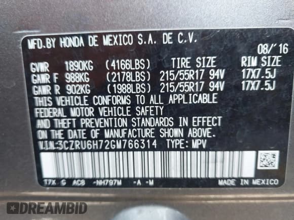 ✅ 2016 Honda HR-V EX-L • VIN: 3CZRU6H72GM766314 • Lot: 42378735. Wystawiony na IAAI z przebiegiem 105 790 mil. Bezpłatny archiwum sprzedaży aukcyjnych z USA i szczegółowy raport historii pojazdu na DreamBid. Zdjęcie 9.