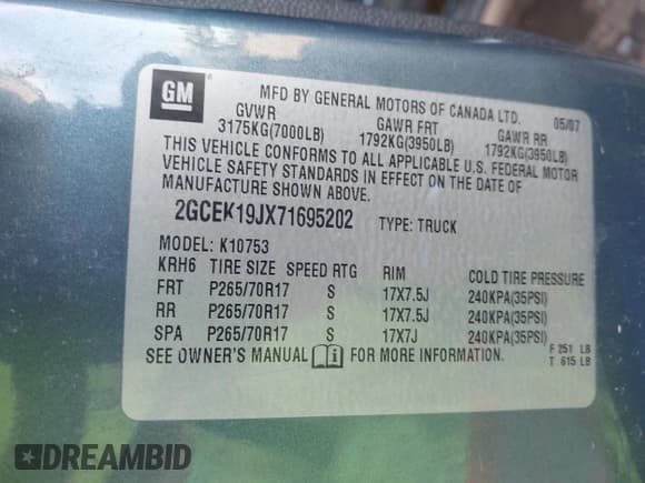 ✅ 2007 Chevrolet Silverado 1500 1LT • VIN: 2GCEK19JX71695202 • Lot: 43476218. Listed on IAAI with 262,835 mi. Free auction sales archive from the USA and detailed vehicle history report at DreamBid. Image 9.