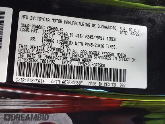 ✅ 2020 Toyota Tacoma SR • VIN: 3TYSX5ENXLT001202 • Lot: 42781126. Listed on IAAI with 250,016 mi. Free auction sales archive from the USA and detailed vehicle history report at DreamBid. Image 9.