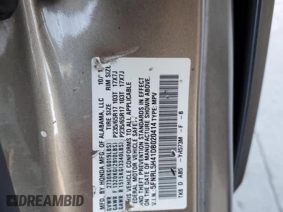 ✅ 2013 Honda Odyssey EX • VIN: 5FNRL5H41DB020414 • Lot: 87110465. Listed on Copart with Not provided. Free auction sales archive from the USA and detailed vehicle history report at DreamBid. Image 13.