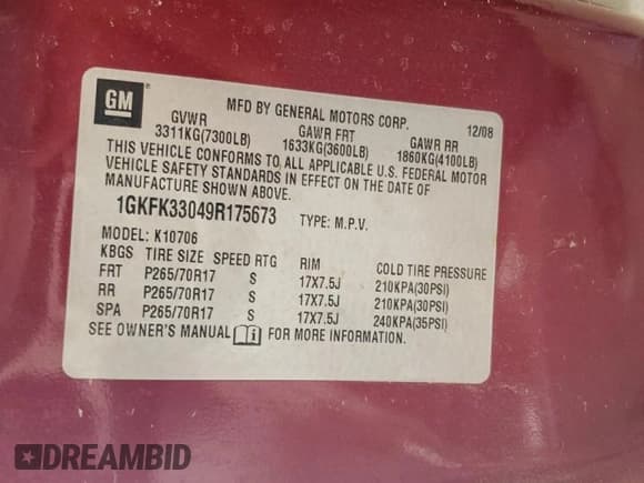 ✅ 2009 GMC Yukon SLT 4SA • VIN: 1GKFK33049R175673 • Lot: 52999605. Listed on Copart with 146,269 mi. Free auction sales archive from the USA and detailed vehicle history report at DreamBid. Image 13.