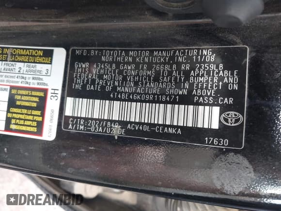 ✅ 2009 Toyota Camry LE • VIN: 4T4BE46K09R118471 • Lot: 43432005. Wystawiony na IAAI z przebiegiem 202 145 mil. Bezpłatny archiwum sprzedaży aukcyjnych z USA i szczegółowy raport historii pojazdu na DreamBid. Zdjęcie 9.