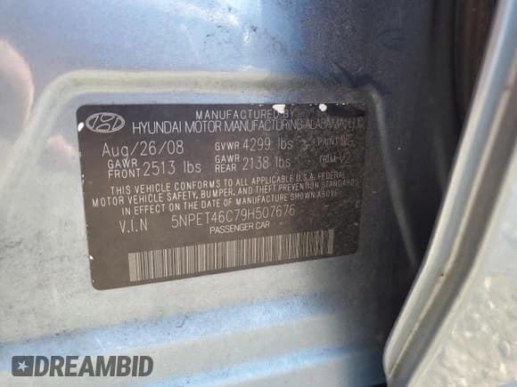 ✅ 2009 Hyundai Sonata GLS • VIN: 5NPET46C79H507676 • Лот: 67781624. Опубликован ранее на Copart с пробегом 96 794 миль. Бесплатный доступ к архиву аукционных продаж из США и подробный отчёт об истории автомобиля на DreamBid. Изображение 14.