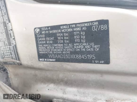 1989 BMW 3 Series 325i с VIN WBAAD230XK8845195, выставлен на аукционе IAAI как лот 43536573 с пробегом 184 461 миль миль и . История ставок и продаж доступна на DreamBid. Изображение 9.