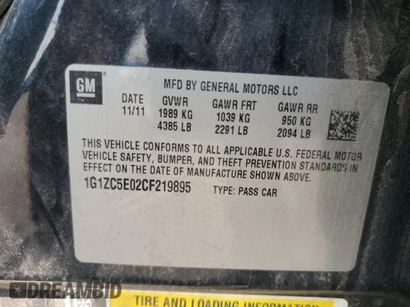 ✅ 2012 Chevrolet Malibu 1LT • VIN: 1G1ZC5E02CF219895 • Lot: 64157004. Listed on Copart with 170,034 mi. Free auction sales archive from the USA and detailed vehicle history report at DreamBid. Image 14.