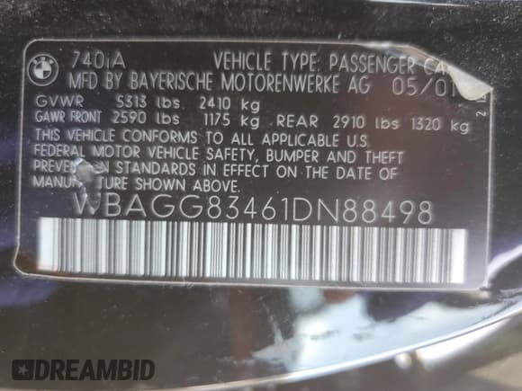 ✅ 2001 BMW 7 Series 740i • VIN: WBAGG83461DN88498 • Lot: 86143924. Listed on Copart with Not provided. Free auction sales archive from the USA and detailed vehicle history report at DreamBid. Image 12.