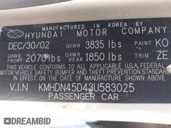 ✅ 2003 Hyundai Elantra GLS • VIN: KMHDN45D43U583025 • Lot: 42105683. Wystawiony na IAAI z przebiegiem 209 463 mil. Bezpłatny archiwum sprzedaży aukcyjnych z USA i szczegółowy raport historii pojazdu na DreamBid. Zdjęcie 9.