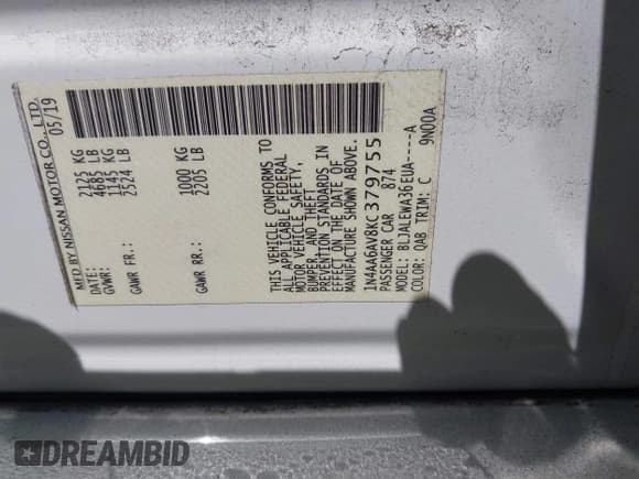 ✅ 2019 Nissan Maxima SL • VIN: 1N4AA6AV8KC379755 • Lot: 43333115. Wystawiony na IAAI z przebiegiem 204 292 mil. Bezpłatny archiwum sprzedaży aukcyjnych z USA i szczegółowy raport historii pojazdu na DreamBid. Zdjęcie 9.