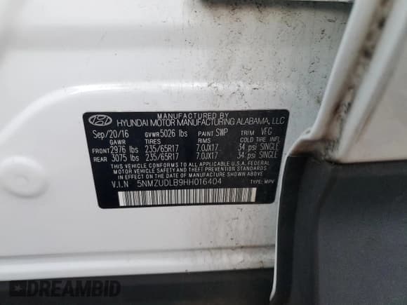 ✅ 2017 Hyundai Santa Fe 2.4L • VIN: 5NMZUDLB9HH016404 • Lot: 86643515. Listed on Copart with 73,795 mi. Free auction sales archive from the USA and detailed vehicle history report at DreamBid. Image 13.