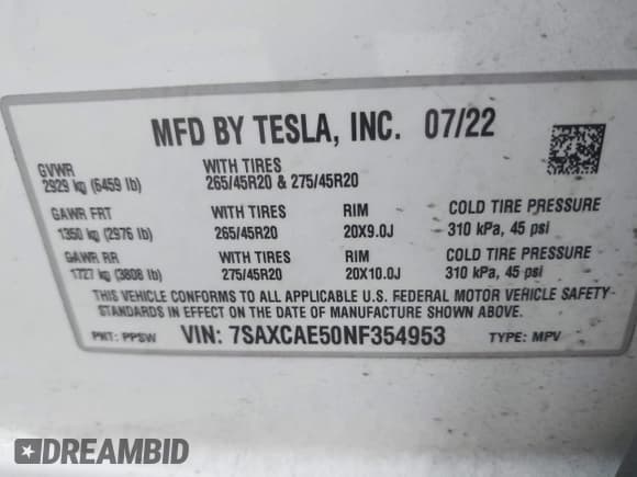 ✅ 2022 Tesla Model X • VIN: 7SAXCAE50NF354953 • Lot: 42881236. Listed on IAAI with 54,062 mi. Free auction sales archive from the USA and detailed vehicle history report at DreamBid. Image 9.
