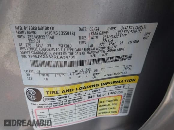 ✅ 2024 Ford Expedition Max Limited • VIN: 1FMJK2A83REA34735 • Лот: 43850438. Опубликован ранее на IAAI с пробегом 41 169 миль. Бесплатный доступ к архиву аукционных продаж из США и подробный отчёт об истории автомобиля на DreamBid. Изображение 9.