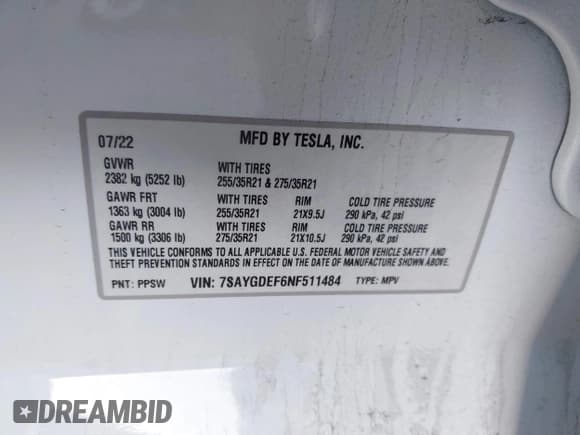 ✅ 2022 Tesla Model Y Performance • VIN: 7SAYGDEF6NF511484 • Lot: 43528941. Listed on IAAI with 88,929 mi. Free auction sales archive from the USA and detailed vehicle history report at DreamBid. Image 9.