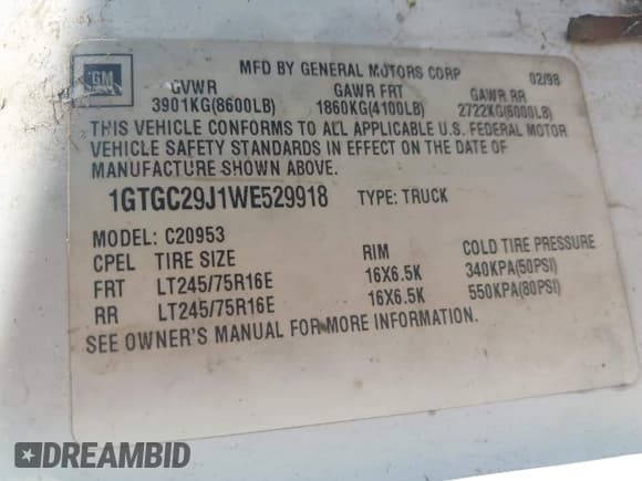 ✅ 1998 GMC Sierra 2500 • VIN: 1GTGC29J1WE529918 • Лот: 42417638. Опубликован ранее на IAAI с пробегом 110 854 миль. Бесплатный доступ к архиву аукционных продаж из США и подробный отчёт об истории автомобиля на DreamBid. Изображение 9.