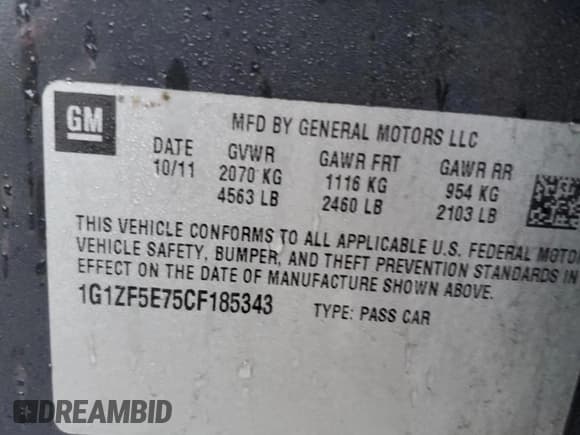 ✅ 2012 Chevrolet Malibu 3LT • VIN: 1G1ZF5E75CF185343 • Lot: 83037724. Listed on Copart with 197,467 mi. Free auction sales archive from the USA and detailed vehicle history report at DreamBid. Image 12.