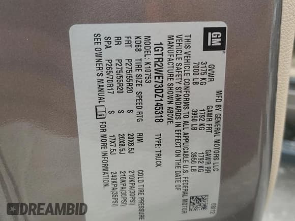 ✅ 2013 GMC Sierra 1500 SLT • VIN: 1GTR2WE73DZ145318 • Lot: 62371155. Listed on Copart with Not provided. Free auction sales archive from the USA and detailed vehicle history report at DreamBid. Image 12.